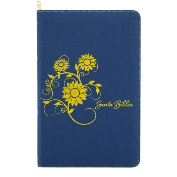 Portada del libro Biblia NTV ziper ultra fina simil piel azul con girasol